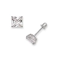 Jewelryweb Solid 14k White Gold Solitaire Princess Square Cubic Zirconia CZ Stud Screw-back Earrings (3mm-7mm)