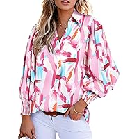 Astylish Women 2024 Oversized Button Down Shirts Collar Pretty Lantern Sleeve V-Neck Tops Spring Trendy Blouse Tunic Light Pink Medium