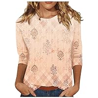 Trendy 3/4 Length Sleeve Womens Tops Casual Crewneck Sweatshirts Plus Size Cute Tops Elegant Vintage Floral Blouses