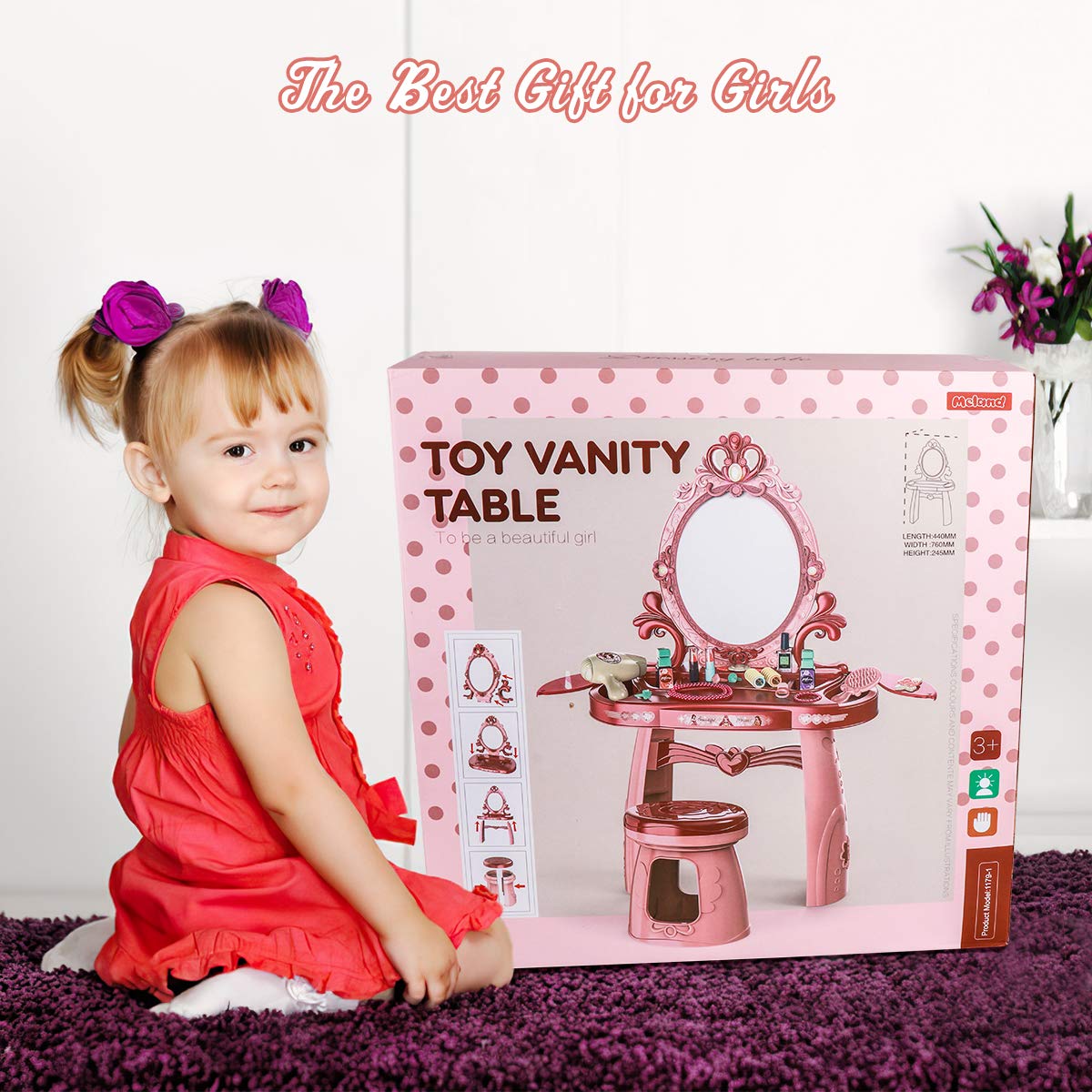 Meland Toddler Vanity Set - Kids Toy Vanity Table for Little Girls with Sound and Light Mirror and Beauty Accessories, Birthday Toys for Little Princess Pretend Play