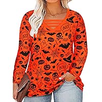 RITERA Halloween Shirts for Women Plus Size Skeleton Pumpkin Graphic Tops Loose Long Sleeve Tshirts Oversized Skull Shirts Teen Girls Baggy Orange 5XL 28W