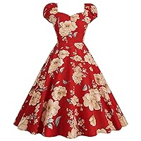 Women 50s 60s Vintage Puff Sleeve Sweetheart Neck Floral Tea Party Dress 1950s Audrey Hepburn Cocktail Swing Dresses