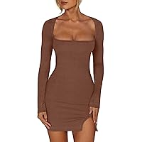 Women's Sexy Ribbed Square Neck Long Sleeve Bodice Dress Cut Out Bodycon Dresses