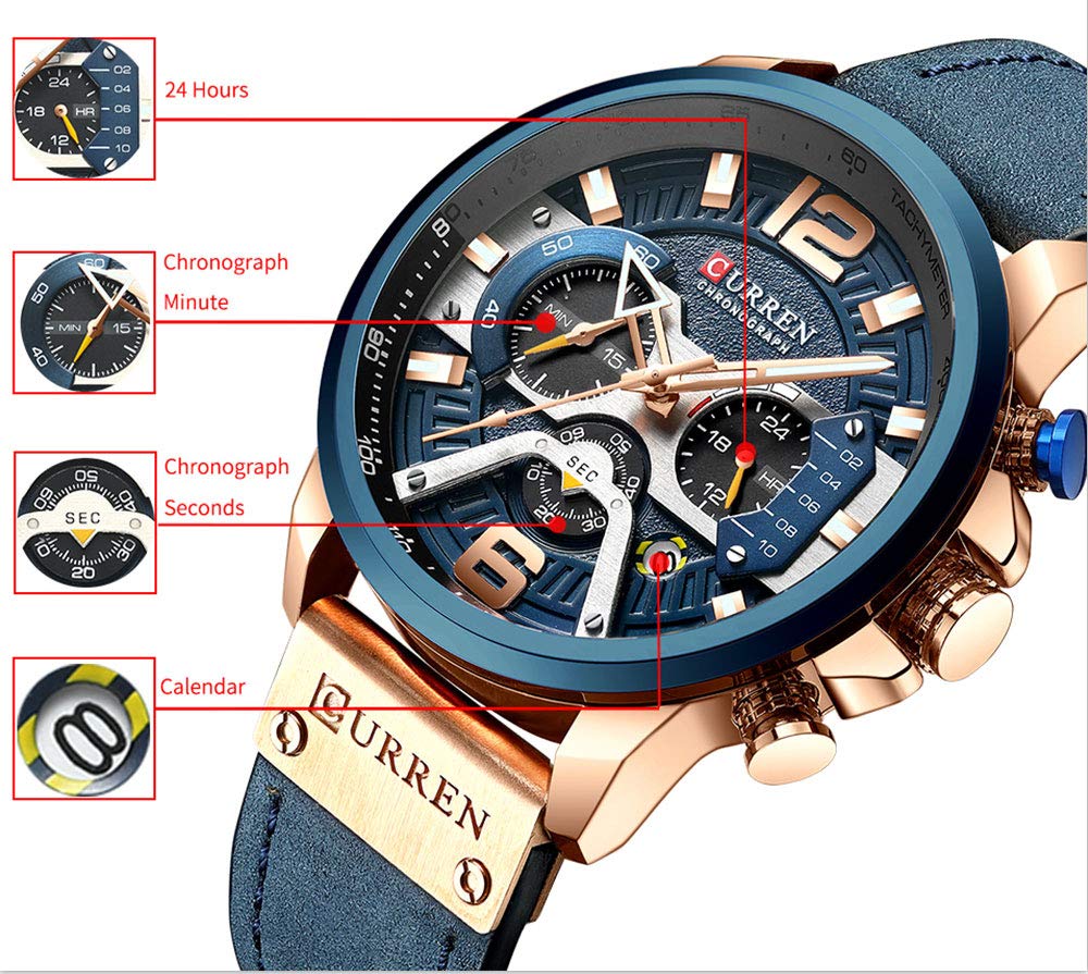 CURREN Mens Watches, Watches Quartz Analog Calendar Wrist Watch for Men, Fashion Waterproof Watch with Leather Strap
