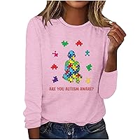 are You Autism Aware? Women Letter Shirts Funny Puzzle Graphic Long Sleeve Tee Tops Autism Awareness Support Bloues