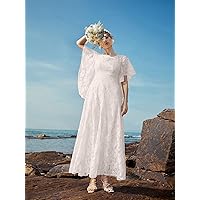 Women's Dress Dresses for Women Butterfly Sleeve Lace -line Dress Dresses (Color : White, Size : Small)