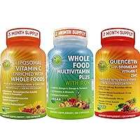 SUPPLEMENTS STUDIO Vegan Whole Food Daily Multivitamin with Iron - Bundle up with - Liposomal Vitamin C 1500mg Capsules & Quercetin with Bromelain Vitamin C and Zinc with Organic Whole Food Blend