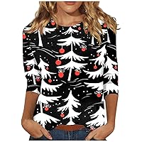 Blouses for Women Dressy Casual Xmas Cute Print Shirt Three Quarter Sleeve Crew Neck Tees Trendy Vacation Clothes