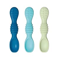 Bumkins Baby Utensil Set, Silicone Trainer Spoons for Dipping, Soft Tip, Self-Feeding, Chew, Baby Led Weaning, First Year Training Supplies, Essentials in Learning Eating, 4 Mos, 3-pk Blue and Green