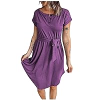 Summer Dresses for Women 2024 V-Neck Button Short Sleeve Dress Solid Color with Belt Sleeve Casual Dress