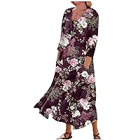 Women's Plus Size 3/4 Sleeve Dresses Crewneck Casual Loose Dress Boho Flowy Beach Maxi Sundresses with Pockets