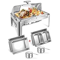 Rectangular Roll Top Chafing Dish Buffet Set, Catering Food Warmer for Parties, Wedding, Birthday, Christmas, 1 Full Size & 2 Half-Size Chafing Server Dish, 14QT Water Pan