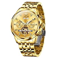 OUPINKE Mens Skeleton Automatic Mechanical Luxury Waterproof Sapphire Glass Wrist Watches for Men (Gold/Blue/Black/Green Dial)