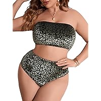 OYOANGLE Women's Plus Size 2 Pieces Bandeau Bikini Swimsuit Leopard Print High Waist Swimwear