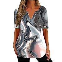 Fashion Print Henley Blouses for Women Summer Casual Button V Neck Shirts 2024 Short Sleeve Empire Waist Tunic Tops