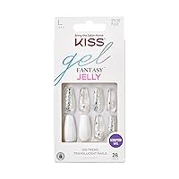 Gel Fantasy Press On Nails, Nail glue included, Sweet Jelly', White, Long Size, Coffin Shape, Includes 28 Nails, 2g glue, 1 Manicure Stick, 1 Mini File