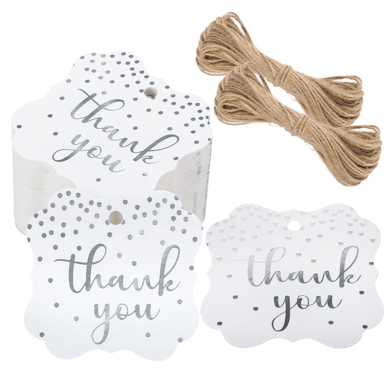 G2PLUS Thank You Gift Tags with String,100PCS Stamping Silver Foil Dot Gift Tags,White Paper Hanging Tags for Wedding,Party,Gift Wrapping,Birthday,Baby Shower(2inch)