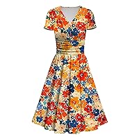Floral Maxi Dresses for Women Dresses for Women 2024 Princess Sexy V-Neck Print Waist Pull Pleated Short Sleeve Dress, S-3XL