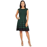 London Times Women's Houndstooth Print Extended Cap Sleeve Fit and Flare Dress