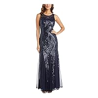 Womens Navy Stretch Sequined Zippered Lined Sleeveless Illusion Neckline Formal Gown Dress 12