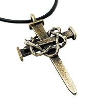 Nail Crown Cross Pewter Antique Brass Metal Finish Black Cord Necklace For Men