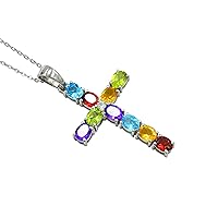 Natural 5X4 MM Oval Peridot Garnet Amethyst Multi Gemstone 925 Sterling Silver Holy Cross Pendant Necklace Multi Stone Jewelry Valentine's Day Gift For Girlfriend(PD-8322)