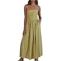 Striped Strapless Maxi Dress for Women Sleeveless Flowy Long Dress Summer Casual Tube Dress with Pockets