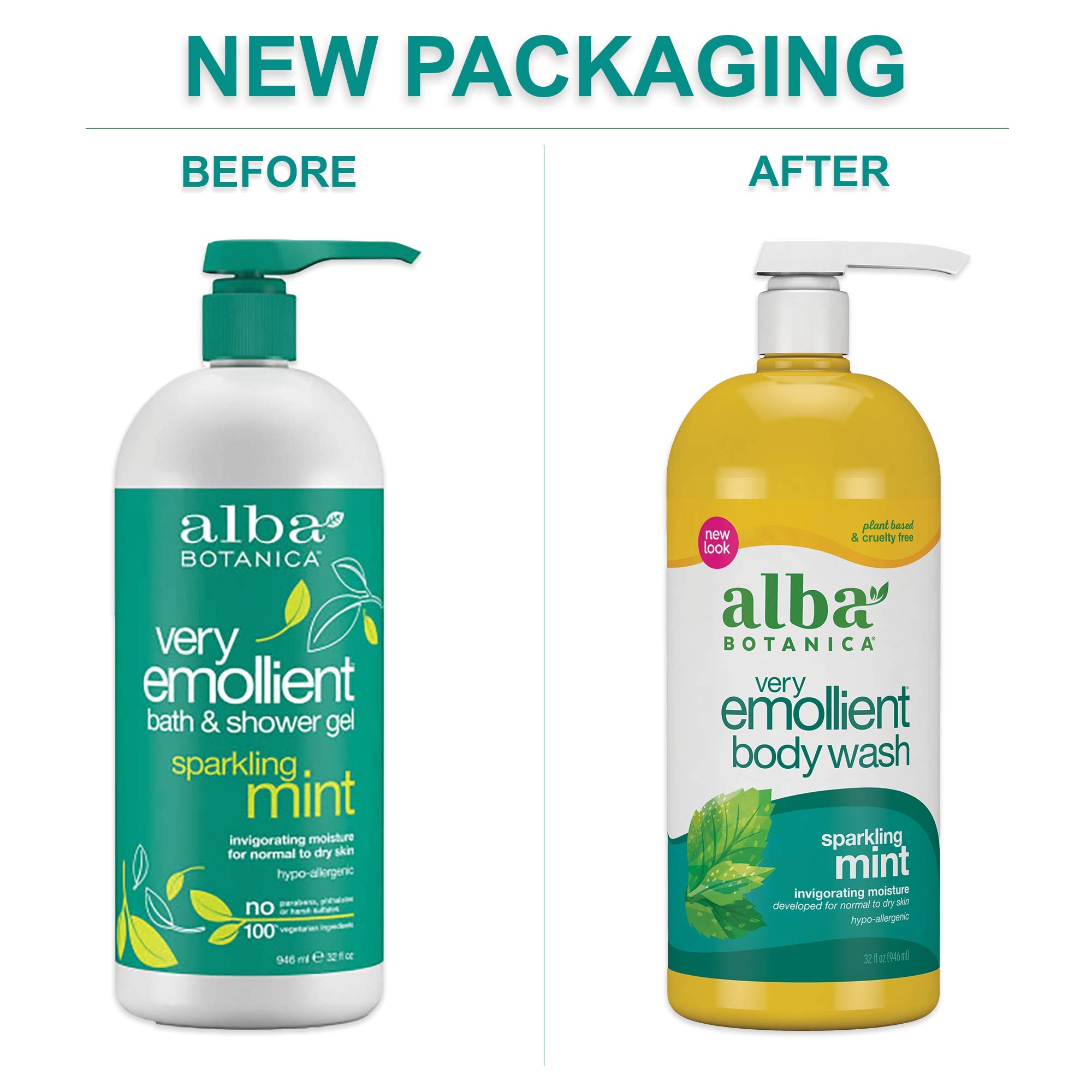 Alba Botanica Very Emollient Bath & Shower Gel, Sparkling Mint, 32 Oz (Packaging May Vary)