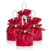 WSERE 4 Pieces Leather Gift Bags, Drawstring Candy Pouch Small Party Favor Bag with Artificial Pearl Handles for Weeding Valentine's Day (Red)