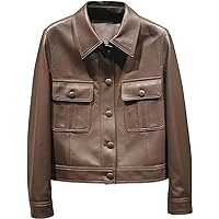 Women’s Brown Biker Genuine Sheepskin Shirt Collar Moto Rider Casual Classic Lightweight Smooth Fashionable Leather Jacket