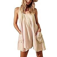 Womens Casual Sleeveless Summer Flowy Mini Dress Crew Neck Armholes Backless Tunic Sundress with Pockets