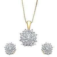 Jewelili 10K Yellow Gold 1 Cttw Natural White Round Diamond Cluster Pendant and Earrings Set