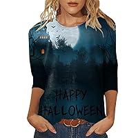 Halloween Tops for Women Graphic Funny Letter Print Tunic Shirt 3/4 Sleeve Fall V Neck Loose Fit Blouse Tops