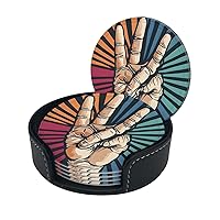 Rock and Roll Print Coaster,Round Leather Coasters with Storage Box for Wine Mugs,Cold Drinks and Cups Tabletop Protection (6 Piece)