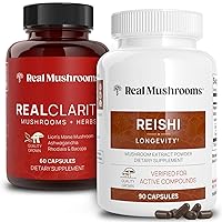 Real Mushrooms RealClarity (60ct) and Reishi (90ct) Capsules Bundle - Mushroom Supplement for Mental Clarity, Focus, Relaxation, Sleep & Longevity - Vegan, Non-GMO, Verified Levels of Beta-Glucans