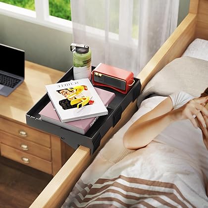 Bedside Shelf for Bed – College Dorm Room Clip On Nightstand with Cup Holder & Cord Holder -Tray Table Caddy for Students – Bunk Bed Shelf for Organizer Top for Bedroom (Black，Plastic)
