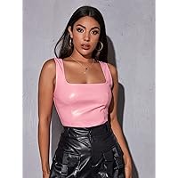 Women's Tops Sexy Tops for Women Shirts Square Neck Zipper Back PU Tank Top Shirts for Women (Color : Baby Pink, Size : X-Small)