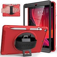 BATYUE iPad 9th/ 8th/ 7th Generation Case (iPad 10.2 inch Case 2021/2020/2019) with Screen Protector, Rotating Stand/Hand Strap/Pencil Holder/Pencil Cap Holder (Red)