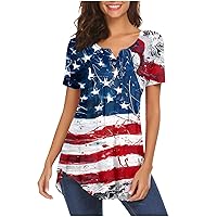 Tank Tops for Women American Flag Printing V Neck 2023 Short-Sleeve Loose Athletic Mom Shirts for Women