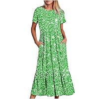 Women Funny Star Print Dress Summer Short Sleeve Casual Flowy Tiered Long Dresses with Pockets Ruffle A-Line Dress