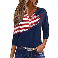 4Th of July Tops for Women Trendy 3/4 Length Sleeve V Neck Shirts Patriotic Flag Graphic Tees Button Down Blouses