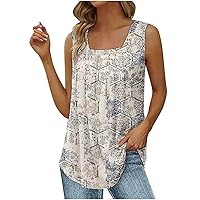 Summer Tank Tops for Women Floral Print T-Shirt Loose Fit Pleated Square Neck Sleeveless Tops Curved Hem Flowy Tee