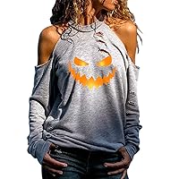 Women's Casual Loose Cold Shoulder Top Halter Neck Hollow Out Long Sleeve Shirts Funny Pumpkin Face Print Party Blouse