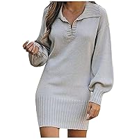 Trendy Plus Size Long Sleeve Sweater Dress,Casual Fall Winter Sexy V Neck Mini Dress Elegant Knit Cute Short Dress