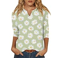 Womens Spring Fashion 2024 Womens Plus Size Tops 3/4 Sleeve V Neck Cute Shirts Casual Print Trendy Tops Three Quarter Length T Shirt Business Casual Tops for Women My Orders 29-Army Green X-Large