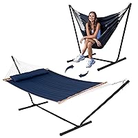 Double Hammock with 12FT Stand Included, Hanging Hammock Chair with Stand for Outdoors Indoors, Patent Pending Multifunctional 2 in 1 Hammock Steel Stand, 475 LBS Weight Capacity, Blue