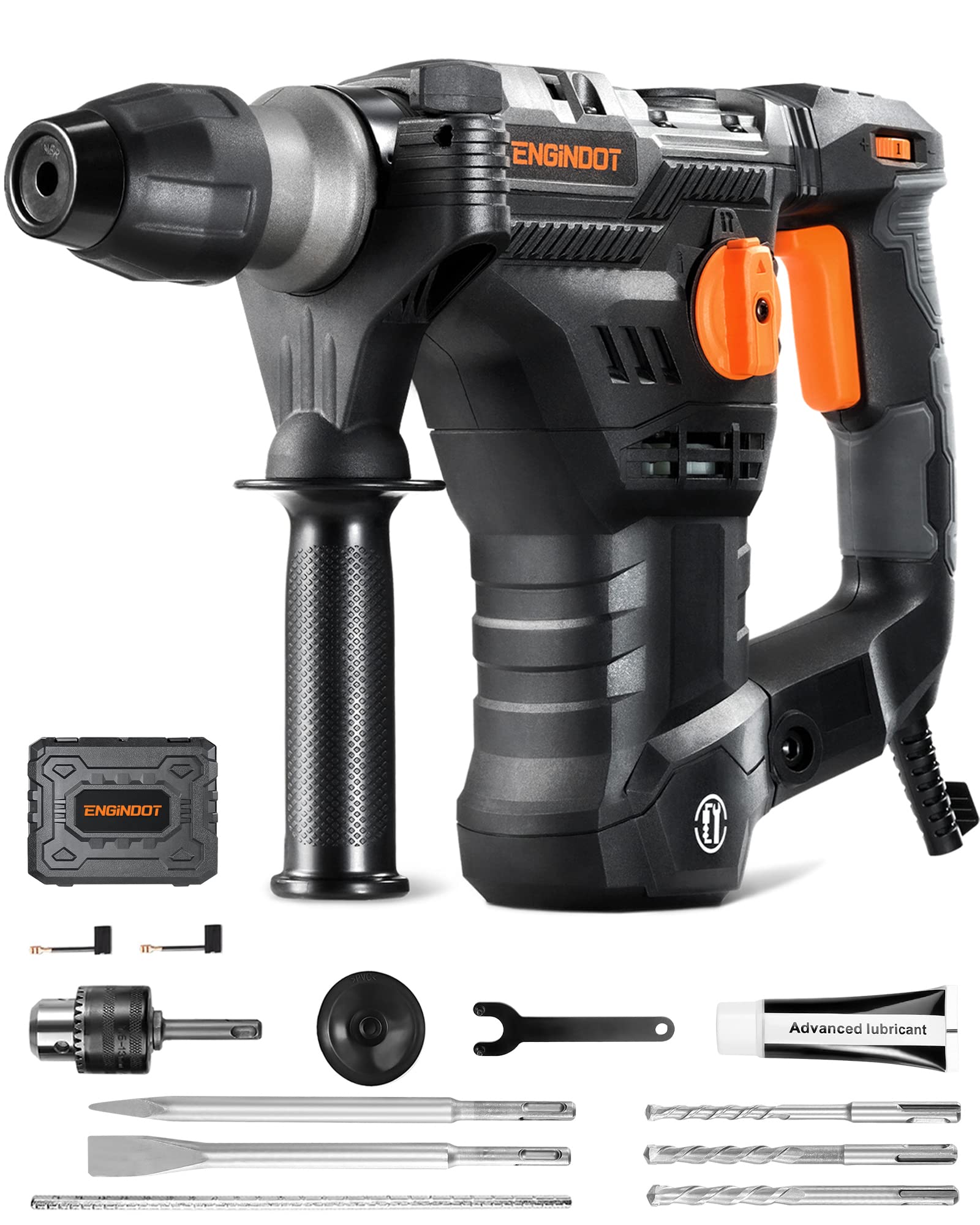 ENGiNDOT 1-1/4 Inch SDS-Plus Rotary Hammer Drill, 12.5 Amp 4350 BPM 900 RPM 4 Modes 7 JOULES Heavy Duty Hammer Drill with Safety Clutch, Drill Chuck - TRH01A