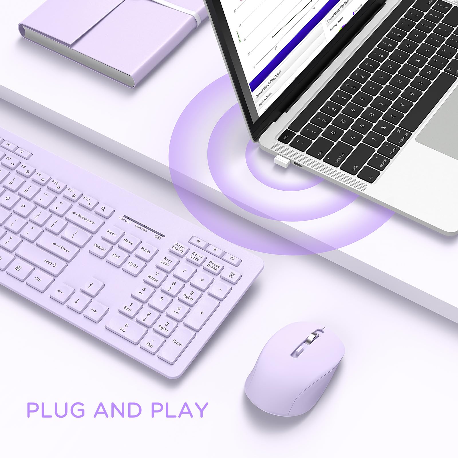 Seenda Wireless Keyboard and Mouse Combo, Full Size 2.4GHz Wireless Quiet Keyboard Mouse with USB Receiver, Cute Ergonomic Cordless Keyboard Mouse for Windows Laptop Computer Desktop, Purple