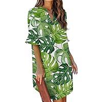 Women's Sundresses 2024 Bubble Sleeved Hawaiian Printed V-Neck Prom Dress Hawaiian Dresses for Women, S-2XL