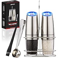 Gravity Electric Pepper and Salt Grinder Set-Adjustable Coarseness-Battery Powered with LED Light-One Hand Automatic Operation-Stainless Steel 2 Pack- Kitchen Gadgets Gifts Ideas By ZIROCC
